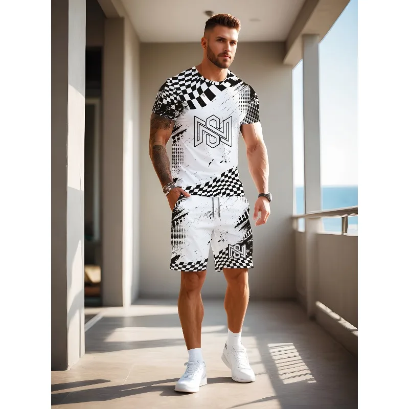 2025 Creative Fashion New Trend Summer 3D Digital Printing Casual Round Neck Short Sleeved Shorts Set Retro Men's T-shirt