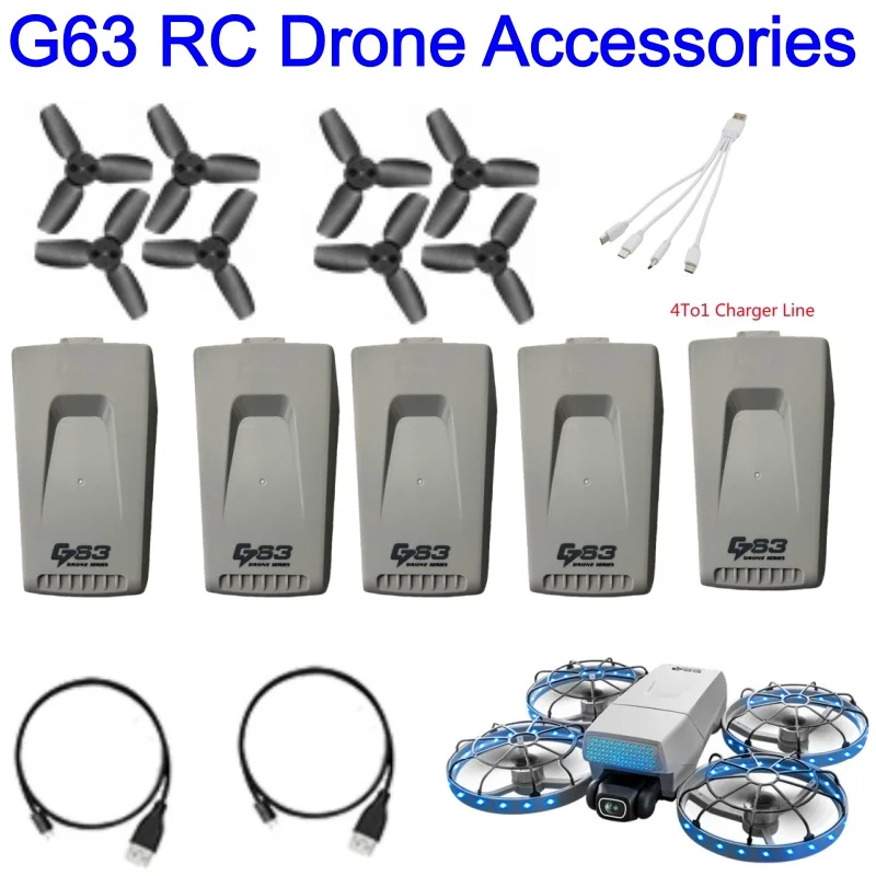 G63 Drone Battery Accessories 3.7V 1300Mah Battery USB Line 4-in-1 Charging Line Propeller Spare Parts For G63 Brushless Drone