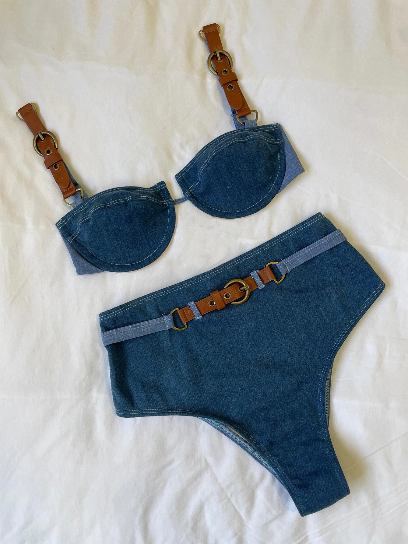 

2025 Denim Bikini Set Cowgirl Style with Leather Straps Metal Buckles Perfect for Pool Parties Summer Getaways Poolside Glamour