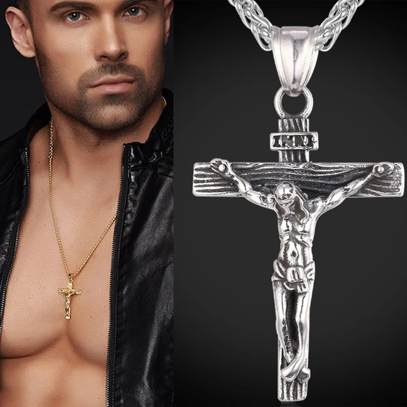 Christian Amulet Religious Jesus Cross Pendant Necklace Crucifix Pendant Handsome Men Stainless Steel Chain Necklace Jewelry