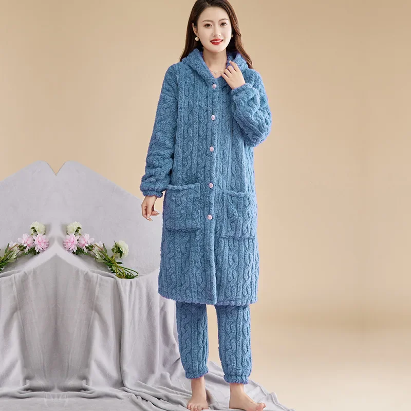 Women's Pajama Set Winter Fleece Long Sleeve Warm Ladies 2 Pcs Bathrobe and Pant Thick Hooded Loose Home Clothes for Female