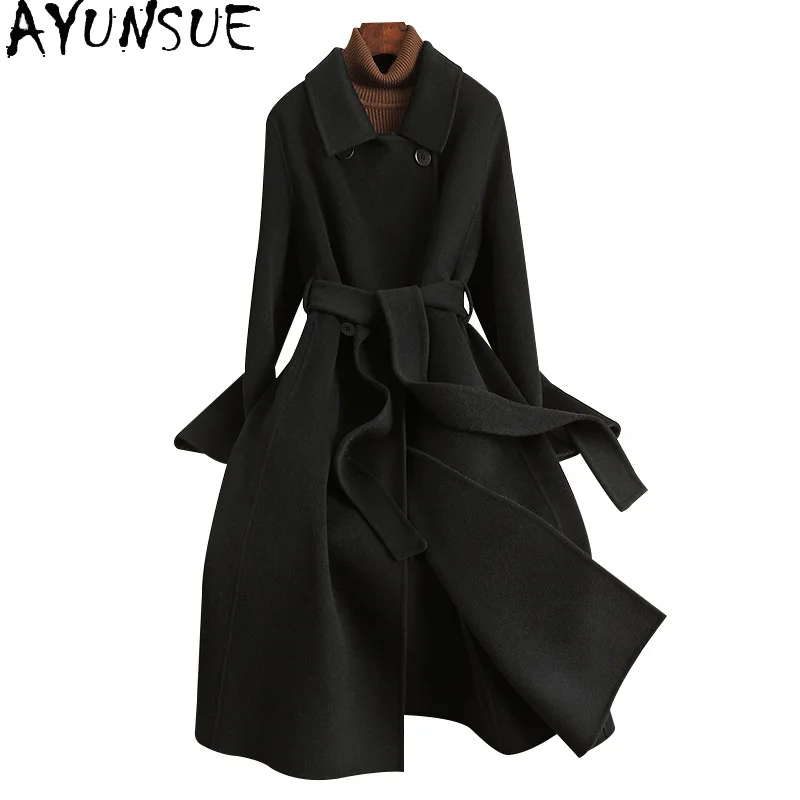 

AYUNSUE 100% Real Wool Coat for Women 2024 Fashion Black Long Coats Woman Autumn Winter Clothes New in Outerwears Пальто Женское