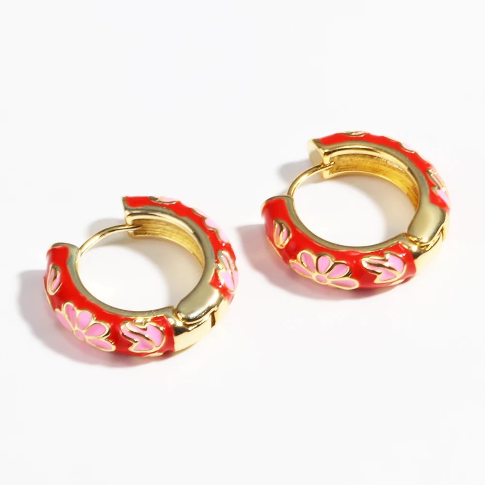Colorful Enamel Flower Daisy Chunky Round Circle Hoop Earrings Female Gold Color Copper Ear Buckle Huggies Jewelry for Women