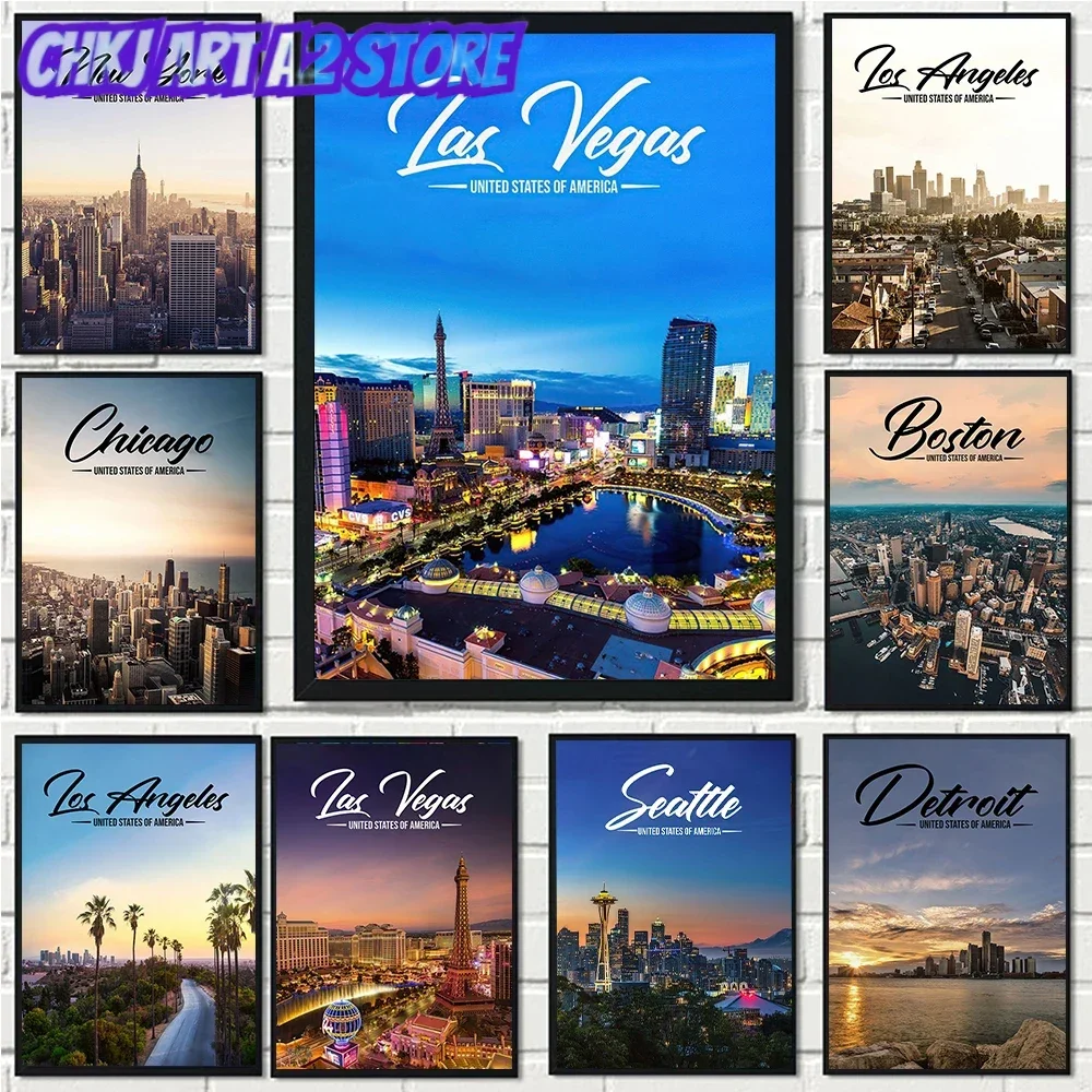 American City Travel Poster Prints For Living Room Home Decor Los Angeles New York Chicago Landscape Canvas Painting Wall Art
