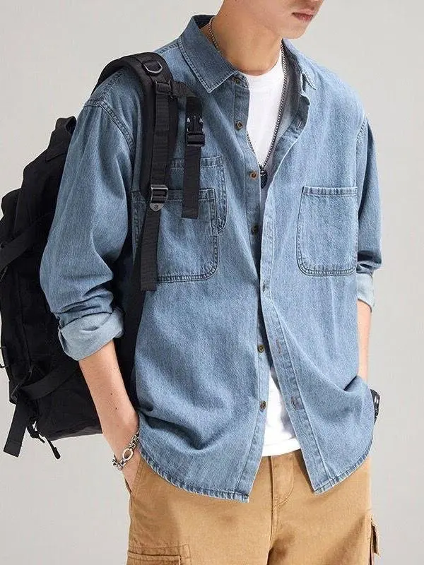 

Men's Casual Denim irt Pure Color Loose Workwear Sle Faionable Trendy Jaet Outerwear Autumn Season ort Length