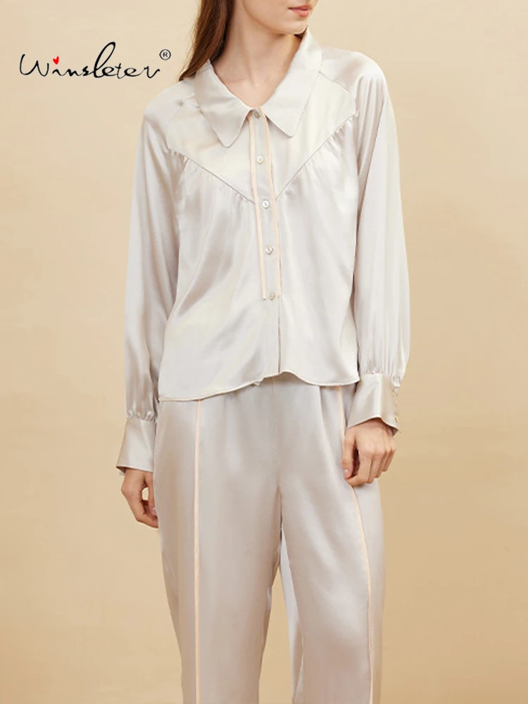 Winsleter-19MM 100%Real Silk Elegant Loungewear Set, Lapel Patchwork, Women Fashion Comfortable Homewear, 2026 Summer S64116CC