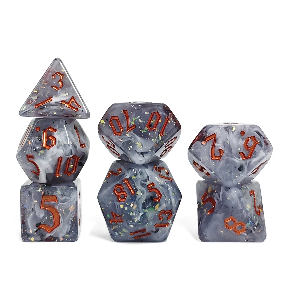 7Pcs/set Enchanted Grey Swirl Glitter Dice with Orange Ink Resin Dice Set Knight's Tale Theme Dice Set Digital Dice DND RPG Game