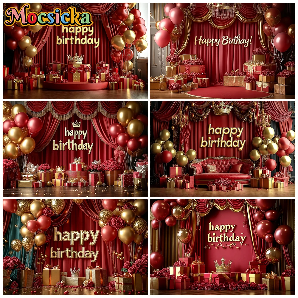 

Mocsicka Happy Birthday Photography Backdrops Red Curtain Cloth Gift Rose Party Wallpaper Decorations Portrait Photo Background