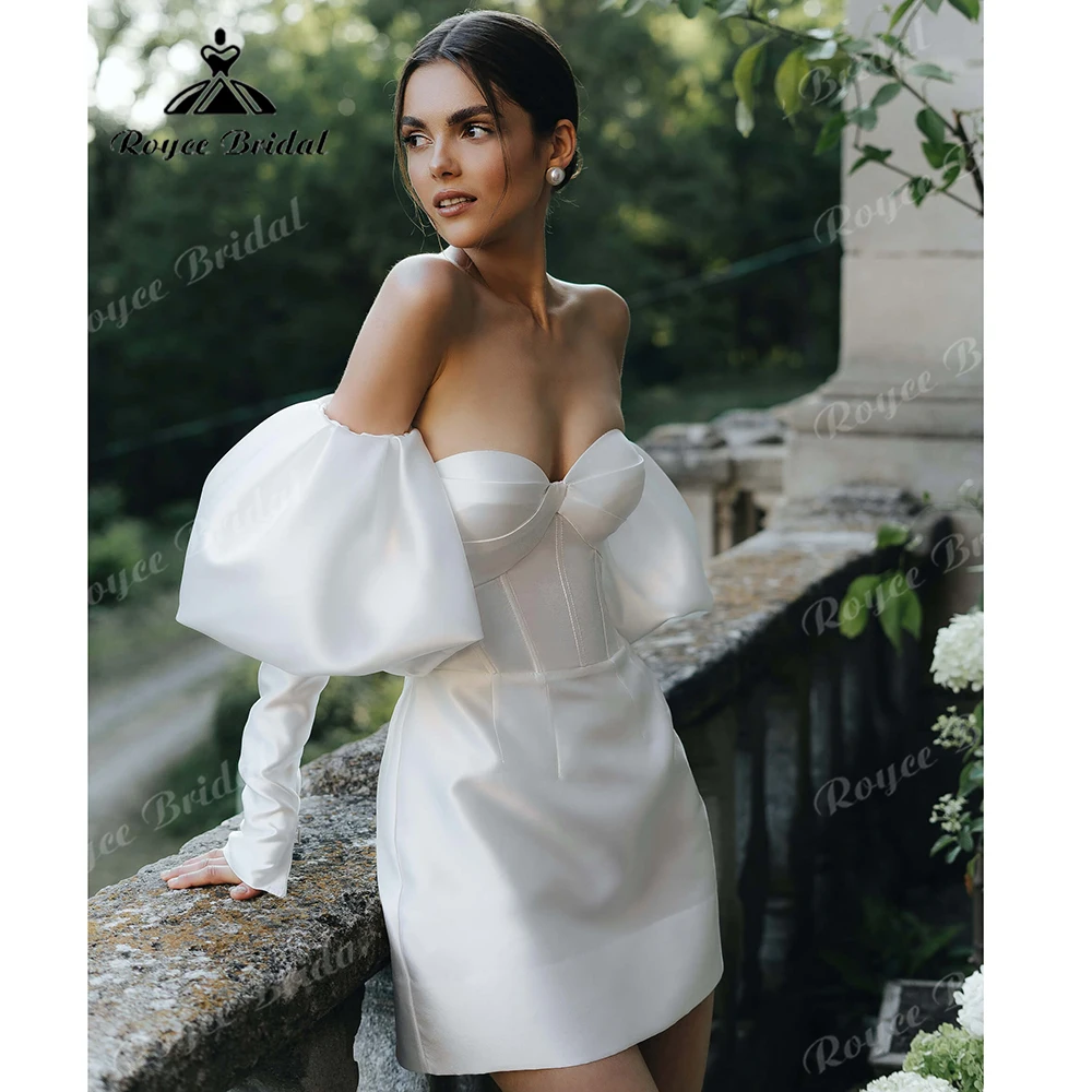 Detachable Off Shoulder Puff Bubble Sleeve Satin Mini Wedding Dress Sweetheart Corset Short Reception Vestido De Novia Customize