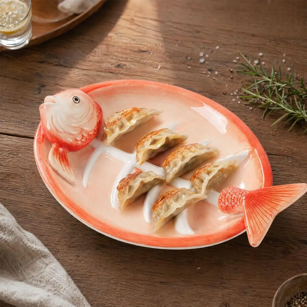 Sushi Plate Japanese Style Sushi Serving Plate Fish Shaped Ceramic Dumpling Plate with Sauce Grooves Sushi for Appetizers