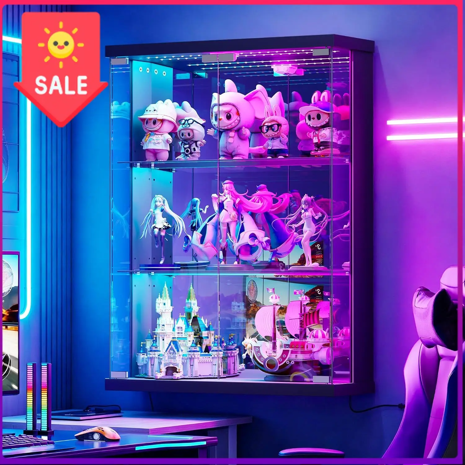 Wall Mount Glass Display Case with Auto Sensor and RGB Lights - Black | Adjustable Shelves, 5 Dynamic & 7 Static Lights, Pop-Up