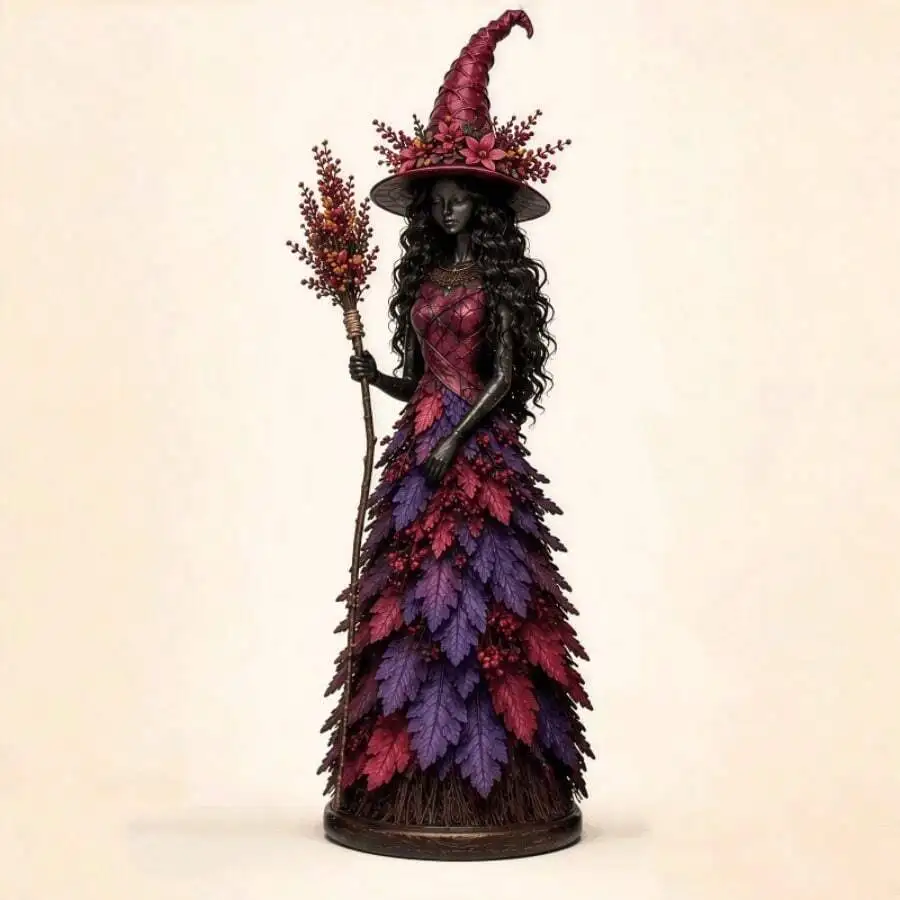 1pc Vintage Enchanted Harvest Witch Lady Figurine, Detailed Maple Leaf & Berry Embellished Witch Dress & Pointed Hat, Solid Resi