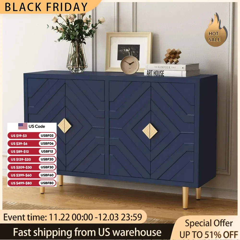 48Accent Cabinet with 4Doors Shelves,Modern Sideboard Cabinet with Decorative Embossed Pattern Doors,Credenza Storage Cabinet