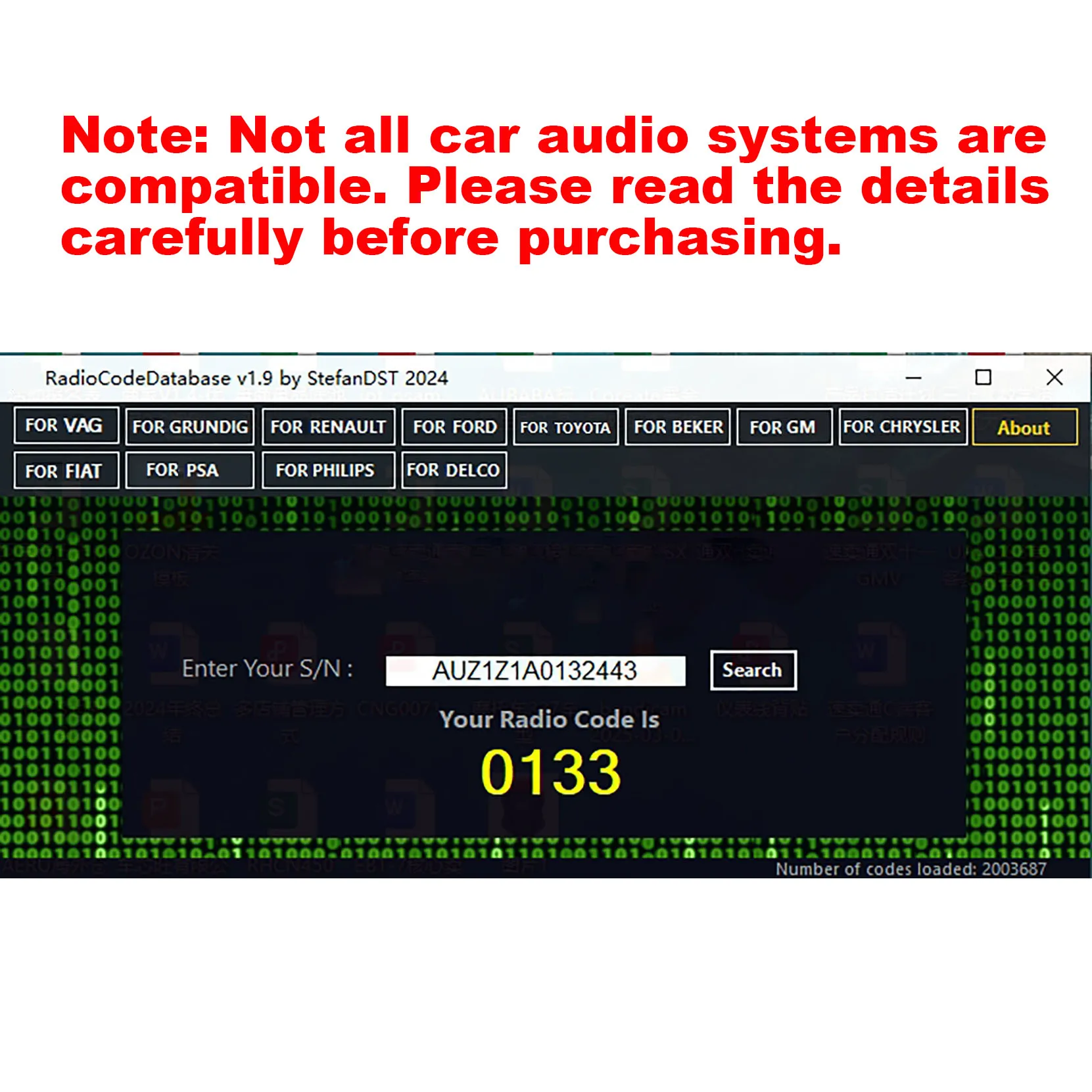 Radio Code Database V1.9 Car Radio Unlock Code Calulator 660000 Serials Loaded For VAG For PSA For Toyota For Ford For GM