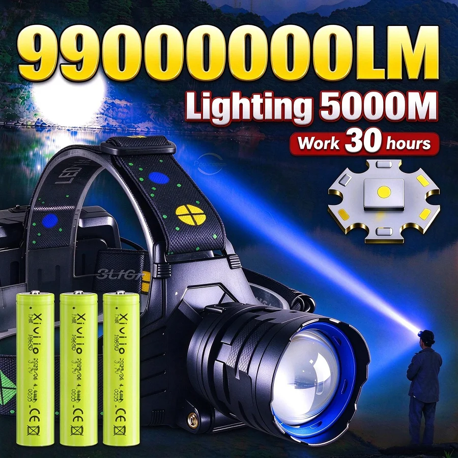 990000000LM Ultra powerful Rechargeable Front lamp Telescopic Zoom Long Range Head Torch Waterproof Head Flashlight Camping Fish
