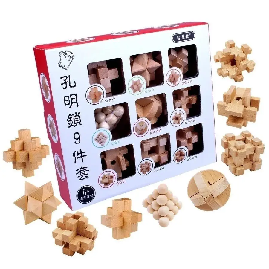 9 Piece Chinese Wooden Interlocking Burr Puzzle Collection 3D Brain Teasers For Children Students Problem Solving Assembly Games