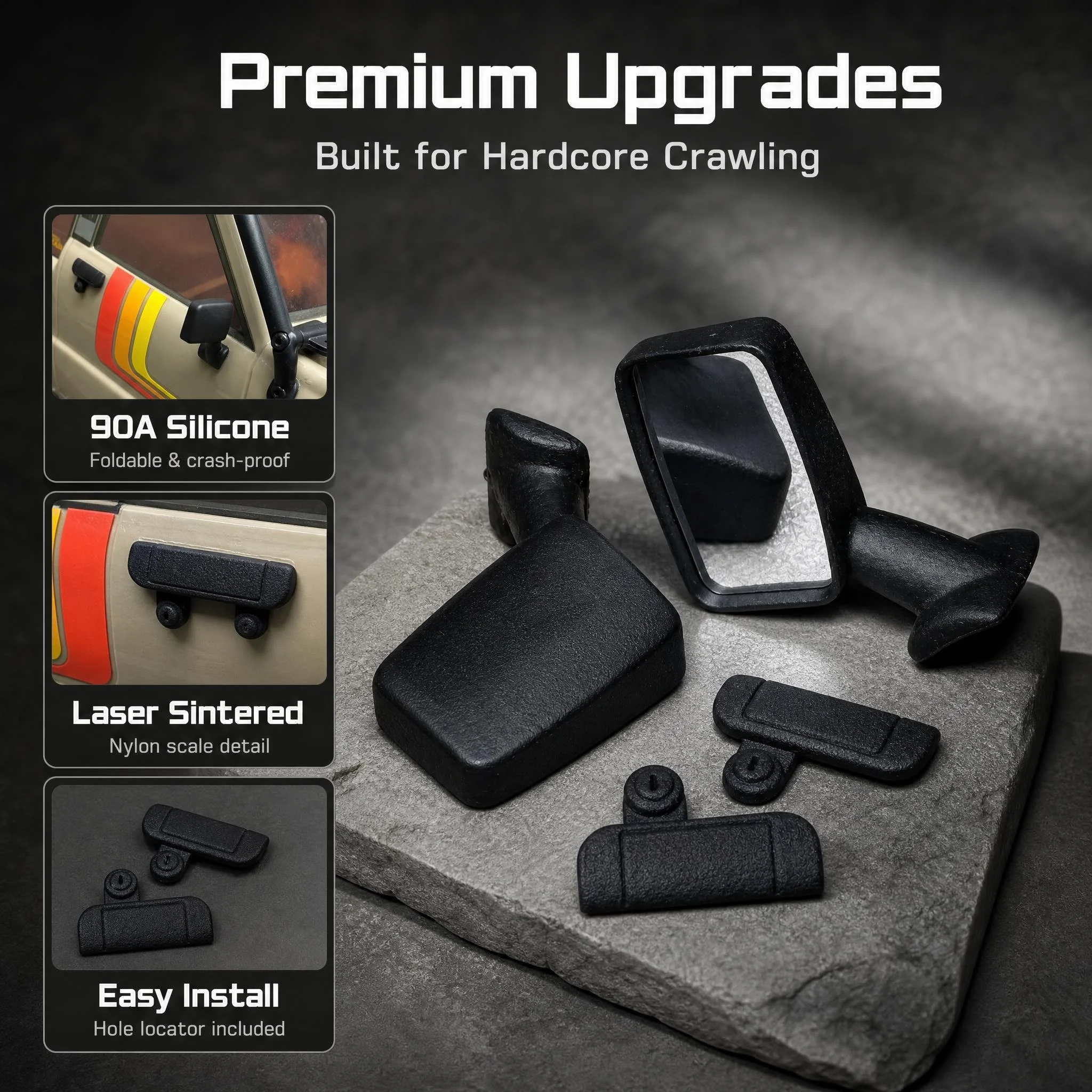 Side Mirrors & Door Handles Kit for Axial SCX10 III SR5, Silicone & Nylon 1/10 RC Crawler Body Shell Detail Upgrade Parts