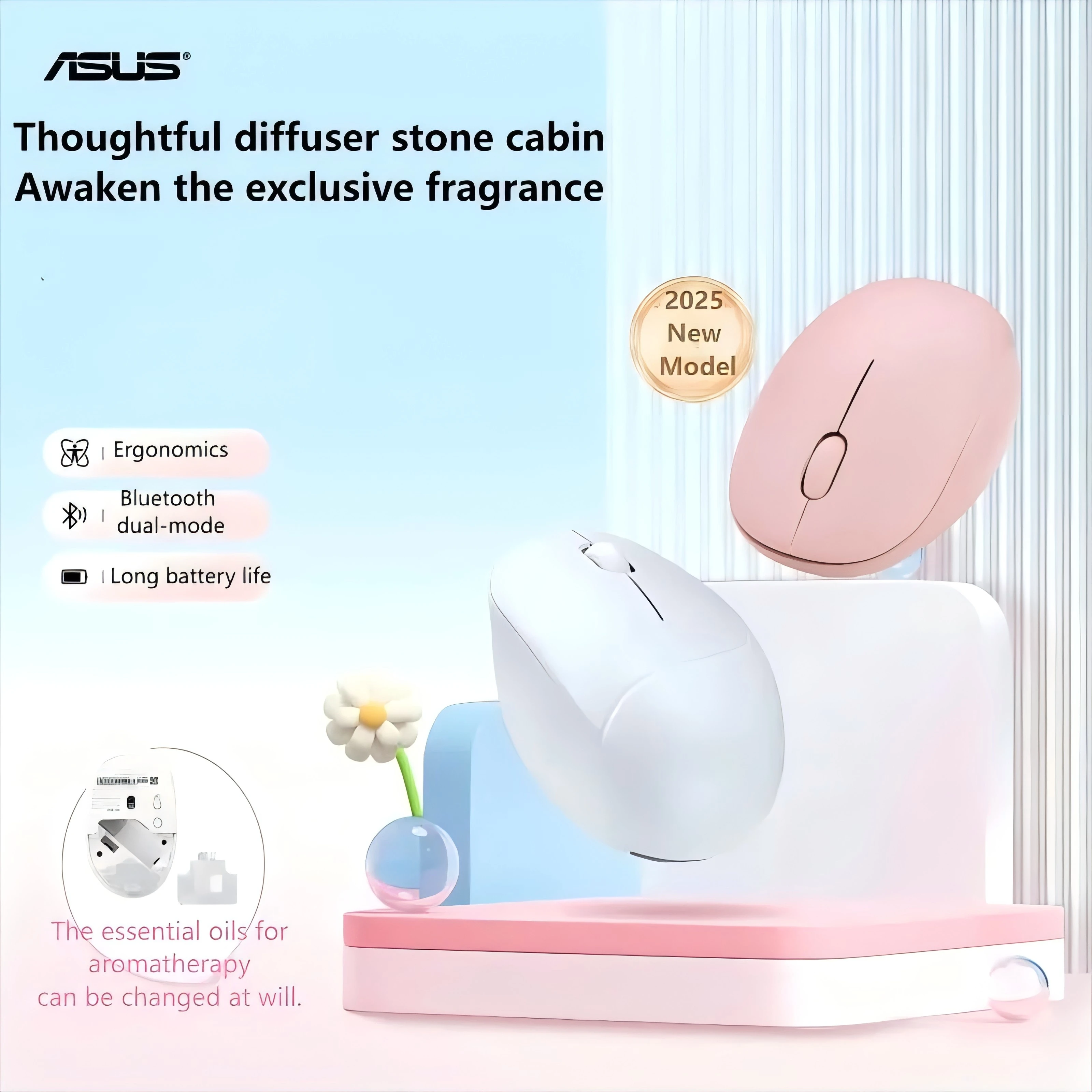 

Беспроводная мышь Asus для ароматерапии, Bluetooth, свет, звук, портативная, двухрежимная мышь для ноутбуков, офисный кабинет, розовый, белый цвет