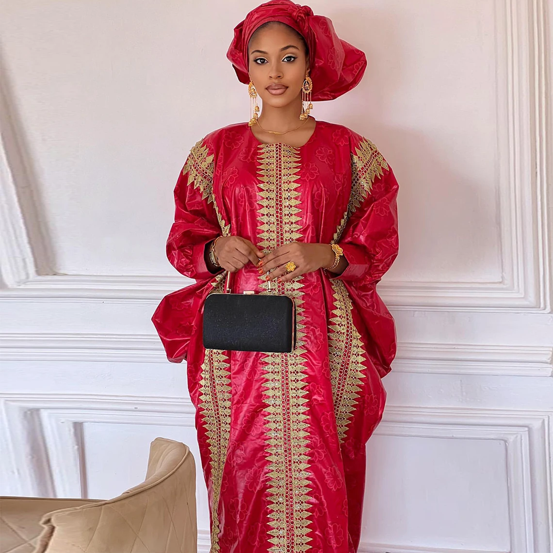 African Red Boubou Bazin Riche Wedding Bride Dress 2023 Latest Nigerian Mali Mix Size Dashiki With Gold Dust Embroidery Gown