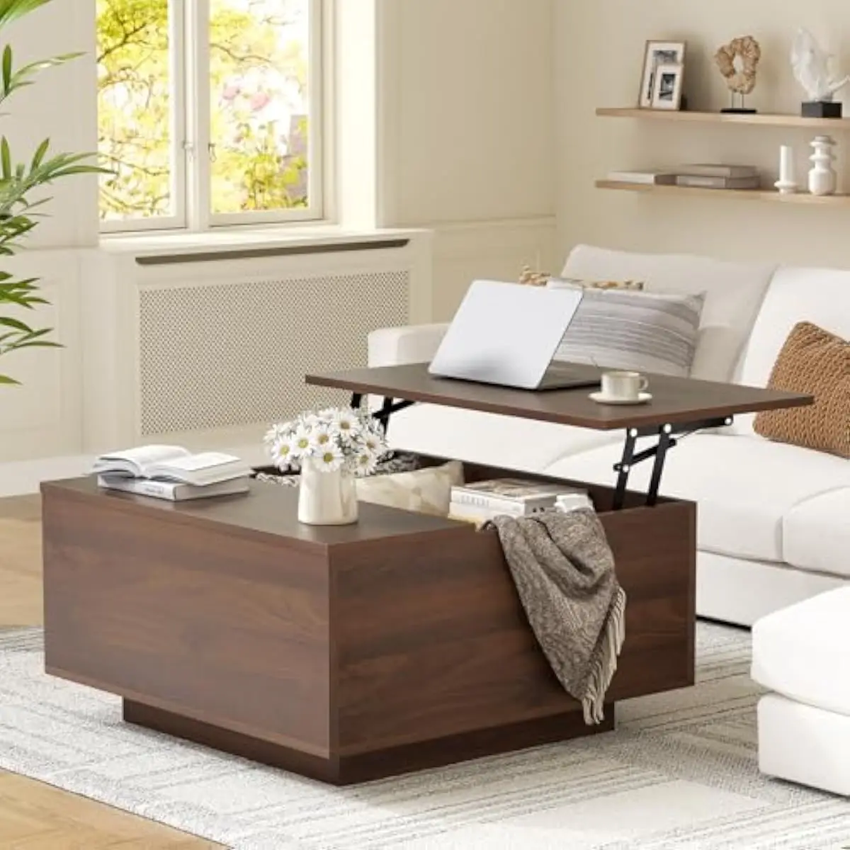 31.5 inch lift top walnut coffee table with concealed storage compartment and smooth dual-height adjustment from 15 to 20.5 inch