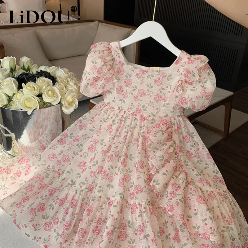 2023 New Korean Fashion Summer Dress Girls Vintage Cute Kawaii Sweet Elegant Floral Loose Casual Square Neck Children\'s Robes