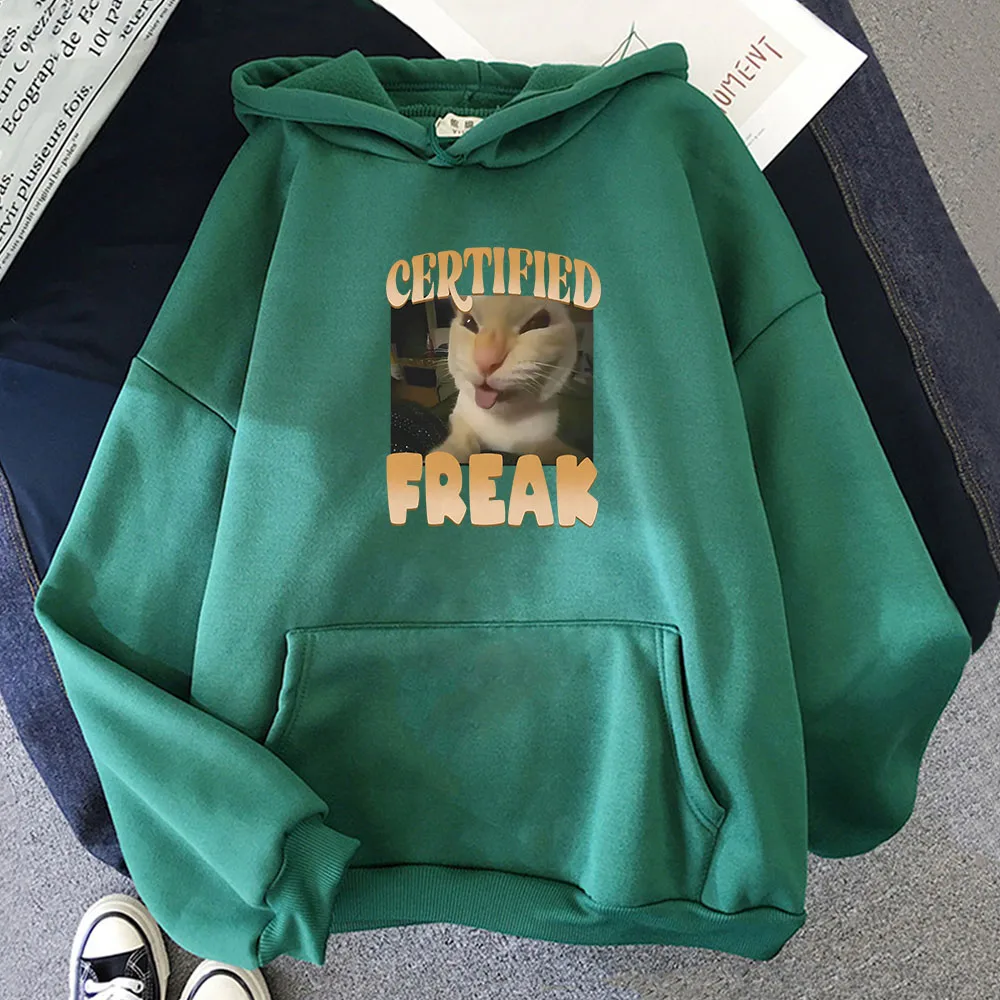 Meme CAT Cartoon Printing Hoodies Certified Freak Letter Graphic Sweatshirt Men Clothing Ropa Hombre Sudaderas Long Sleeve Hoody