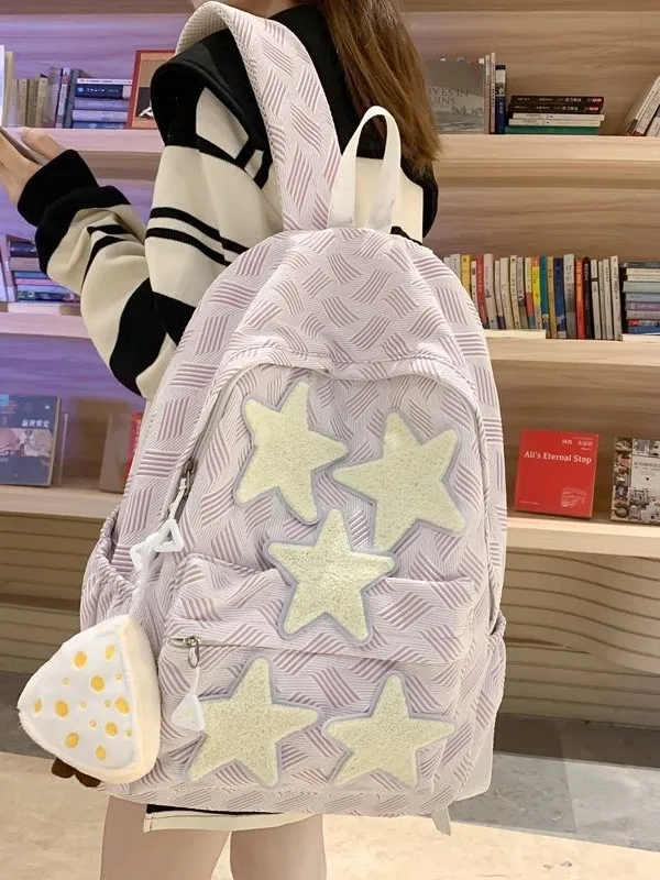 Y2K Kawaii Five Stars Backpack Pastel Blue Woven Pattern Student Bookbag Cute