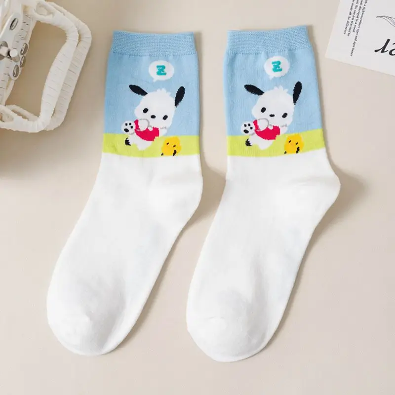 Calcetines de dibujos animados de Sanrio Pochacco, calcetines de algodón peinado a media pantorrilla para mujer, calcetines casuales para cachorros bonitos