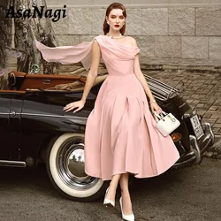 AsaNagi Elegant One Shoulder A Line Prom Dress Women's Pleated Pink Party Evening Gown Tea Length Chiffon Special Occasion Gowns