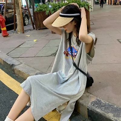 

Hong Kong Style Ins Super Popular Sleeveless Women's Sleep Dress Summer Loose Harajuku BF Student Long Over-Knee Home Clothes