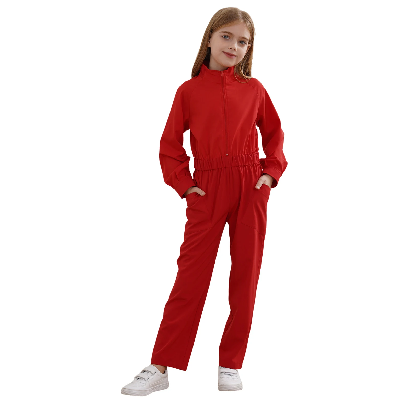 

Kids Girls Boys Zipper Front Coverall Long Sleeve Stand Collar Jumpsuit Elastic Waist Rompers with Pockets Casual Clothing
