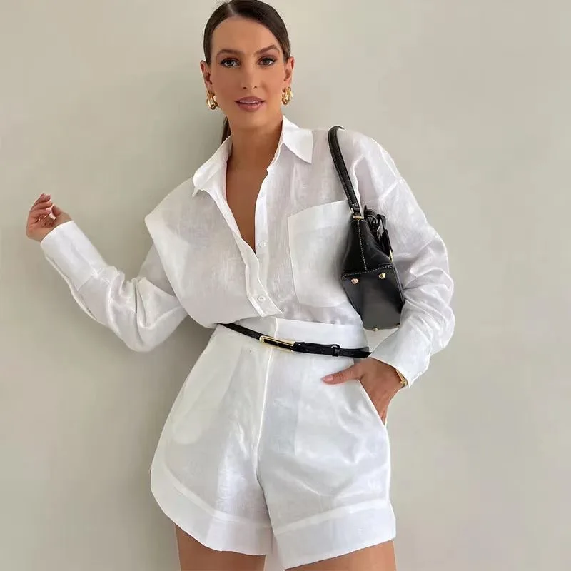 Women's Long Sleeve 2-Piece Set Casual Button Detail Shorts Outfit with Shirt Top Summer Fashion Female Suit