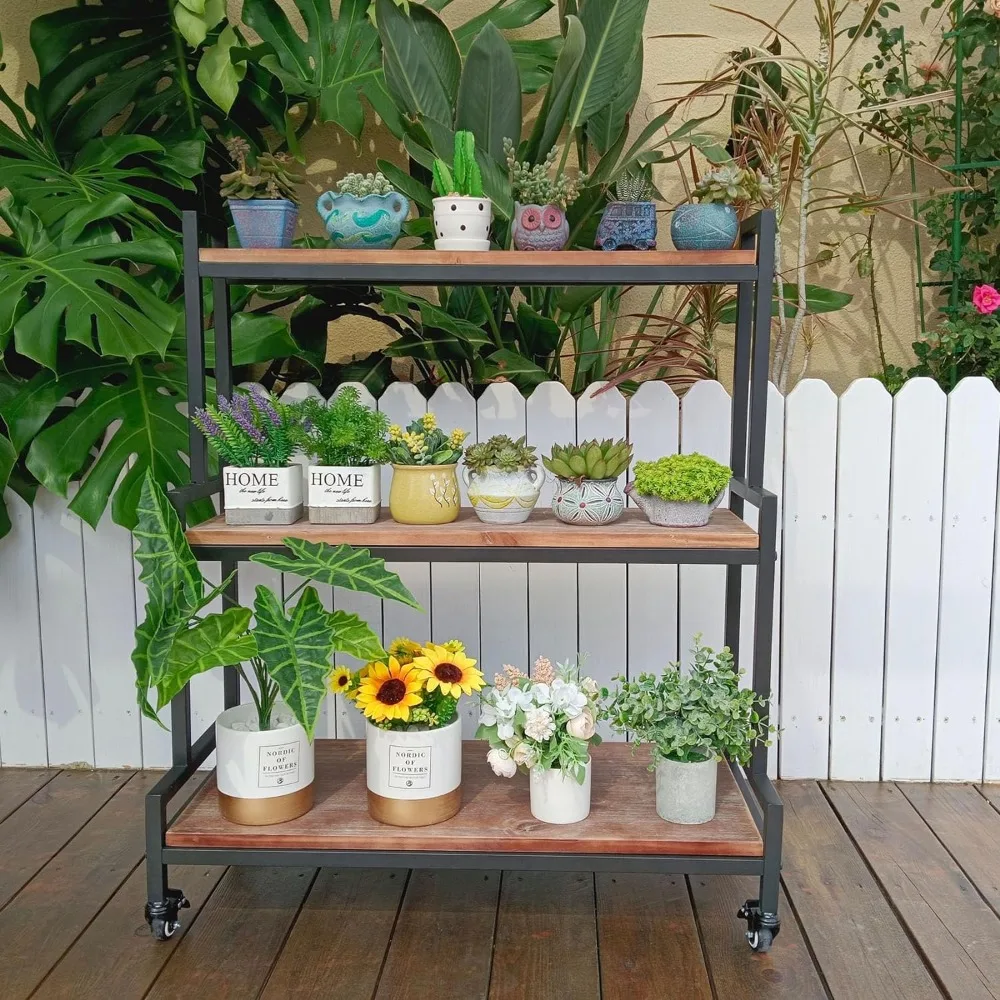 

A rustic plant stand with wheels, 37 inches high, rolling indoor and outdoor, used for solid wood of various plants