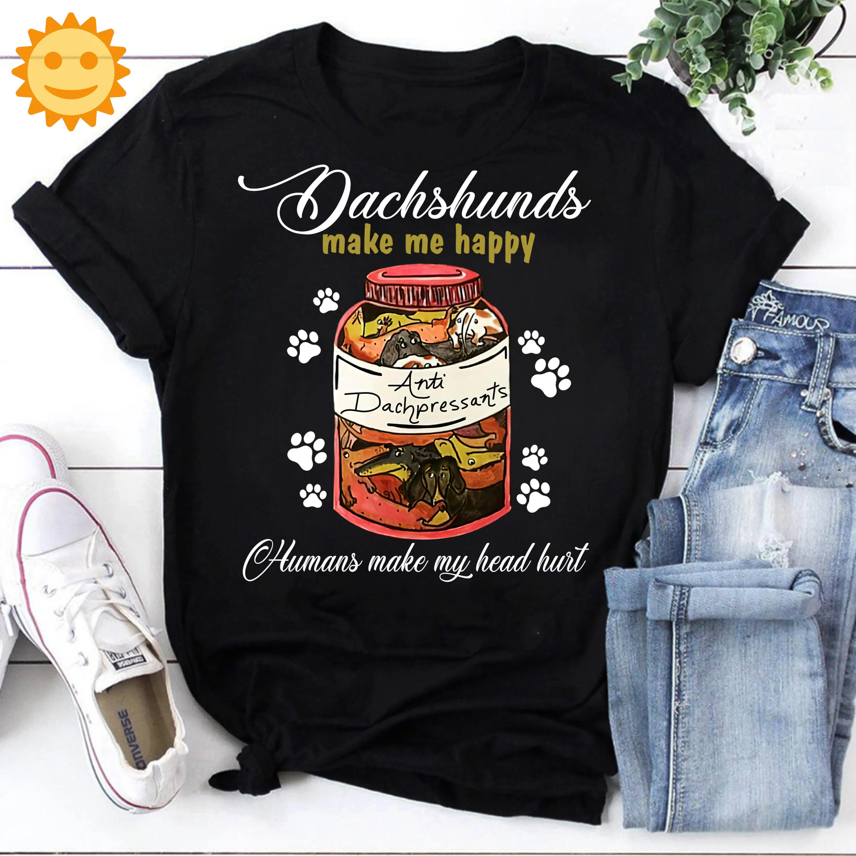

Dachshunds делает меня счастливым человеком, моя голова повреждена, Винтажная футболка, любители собак, Такса