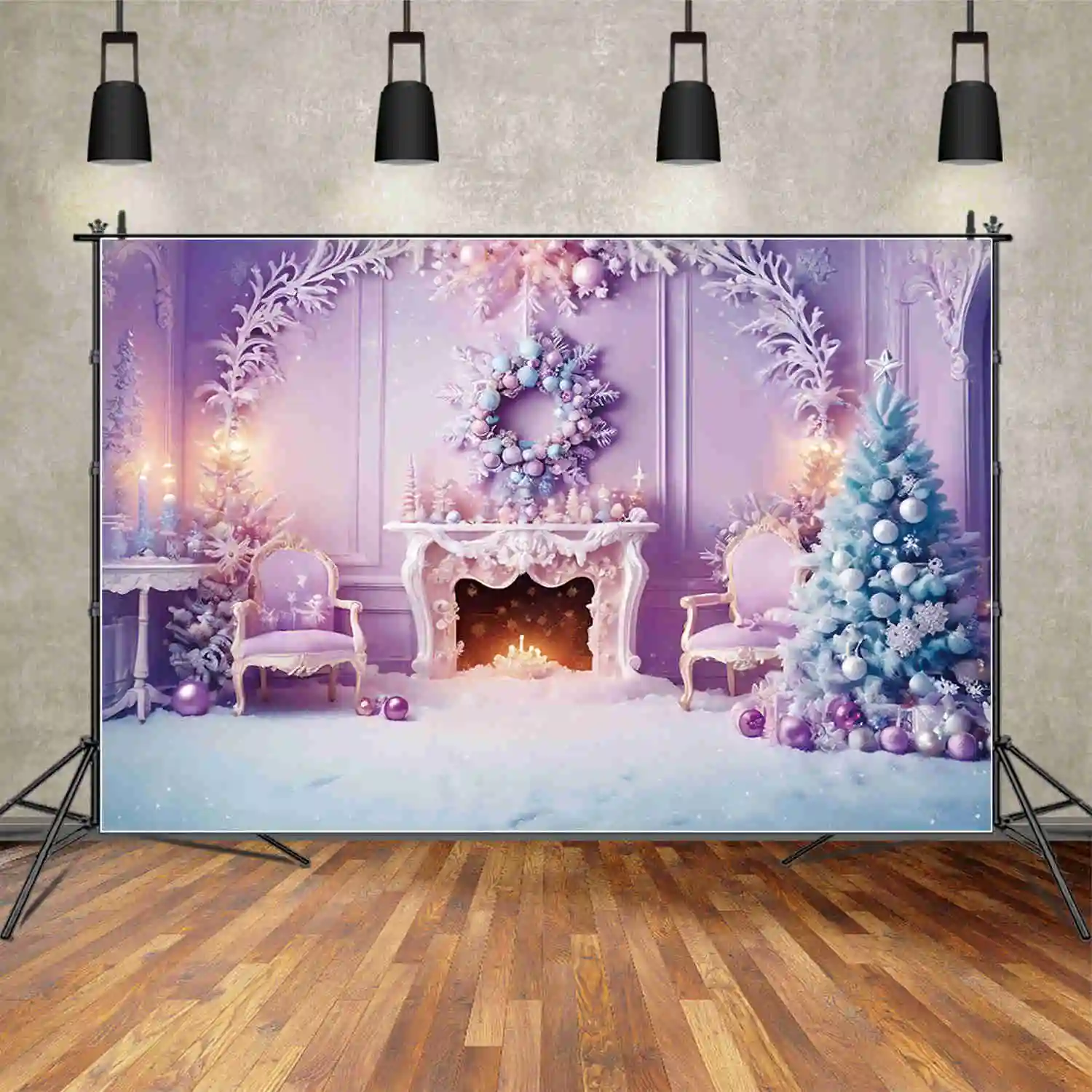 MOON.QG 2024 perapian Natal latar belakang pohon Natal latar belakang karangan bunga salju ornamen pohon latar belakang pesta alat peraga panggilan foto