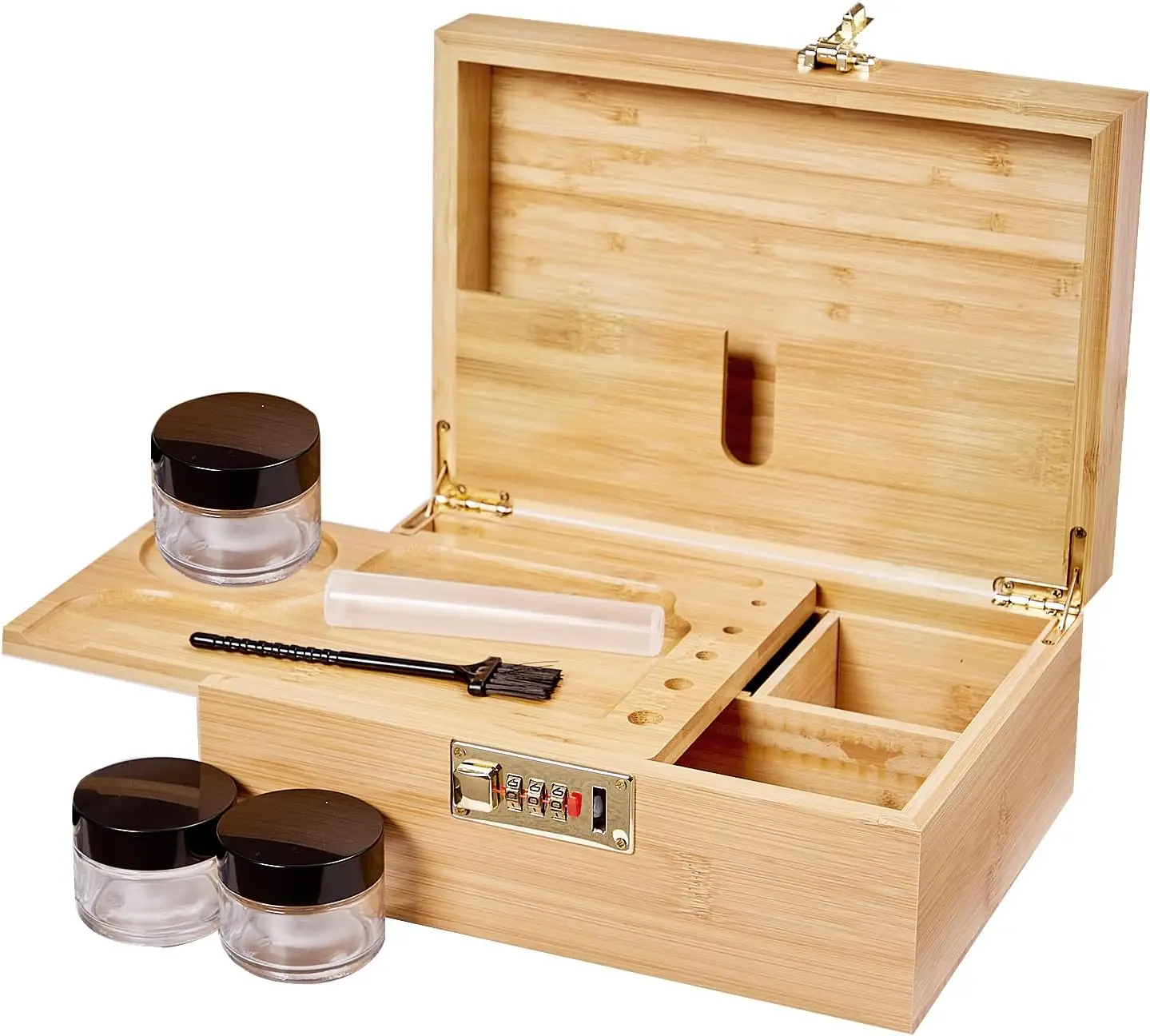 Bamboo storage box with tray dividers jars brushes tubes odor resistant home organization