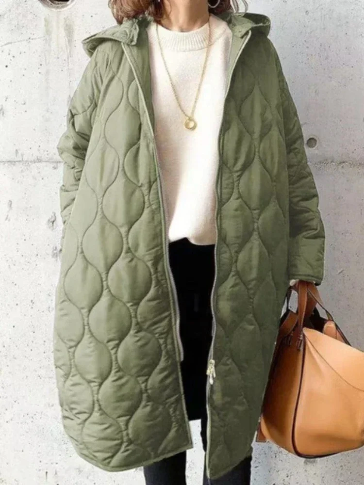 Winter Hooded Long Parkas Quilted Coats Loose Casual Zipper Long Sleeve Top Cotton Padded Jackets Women Clothing Female Outwear