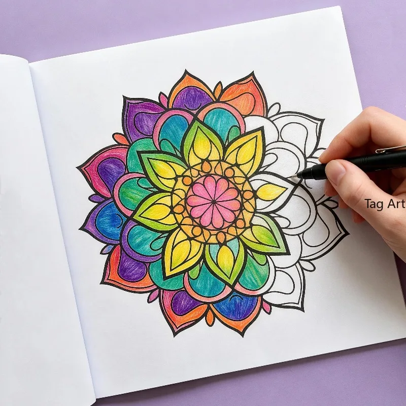 An Adult Decompression Mandala Meditation Coloring Picture Book, Colorful Symmetrical Flower Line Draft Drawing, 36 Patterns