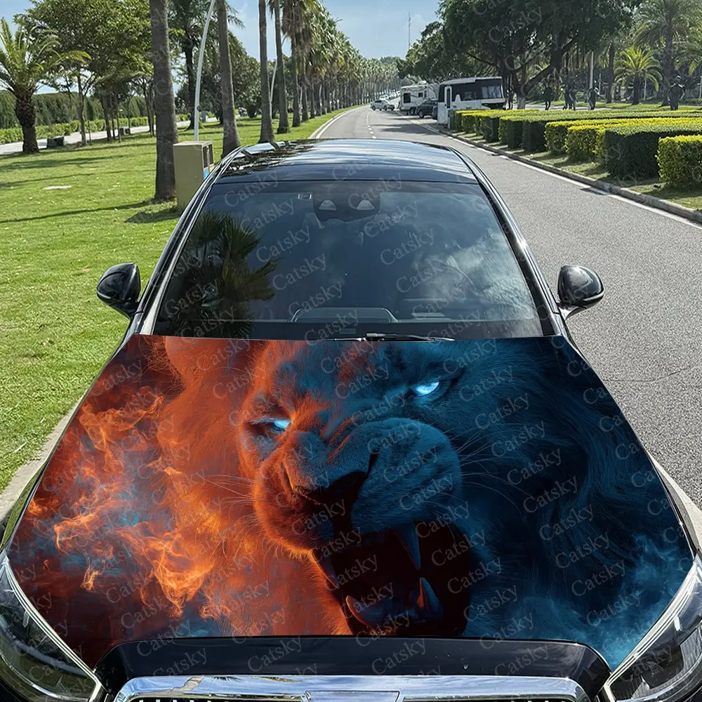 Blue-Red Lion with Striking Flame Car Hood Stickers - Self-Adhesive, Waterproof and Durable Vinyl Wrap, Decorate And Protect You