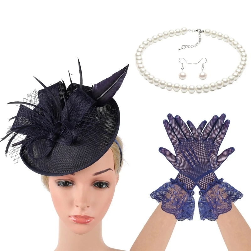 

Masquerades Costume Hairhoop Necklace Gloves Costume Set for Cocktails Parties