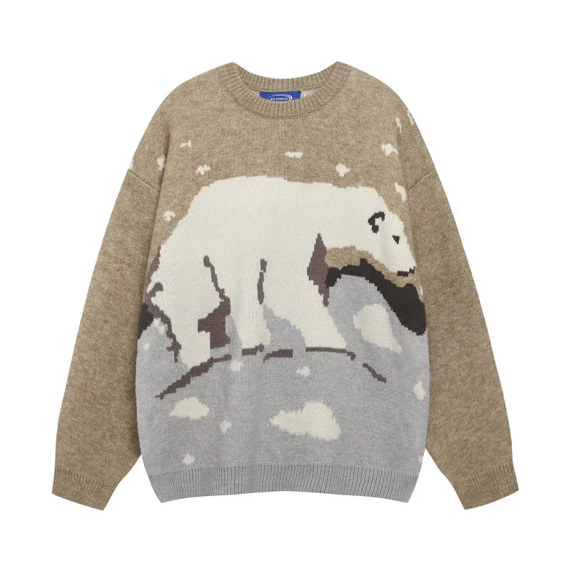 

MAQVOB High Quality EU US Size Retro Polar Bear Jacquard Crew Neck Sweater Unisex Loose Casual Autumn Winter Sweater