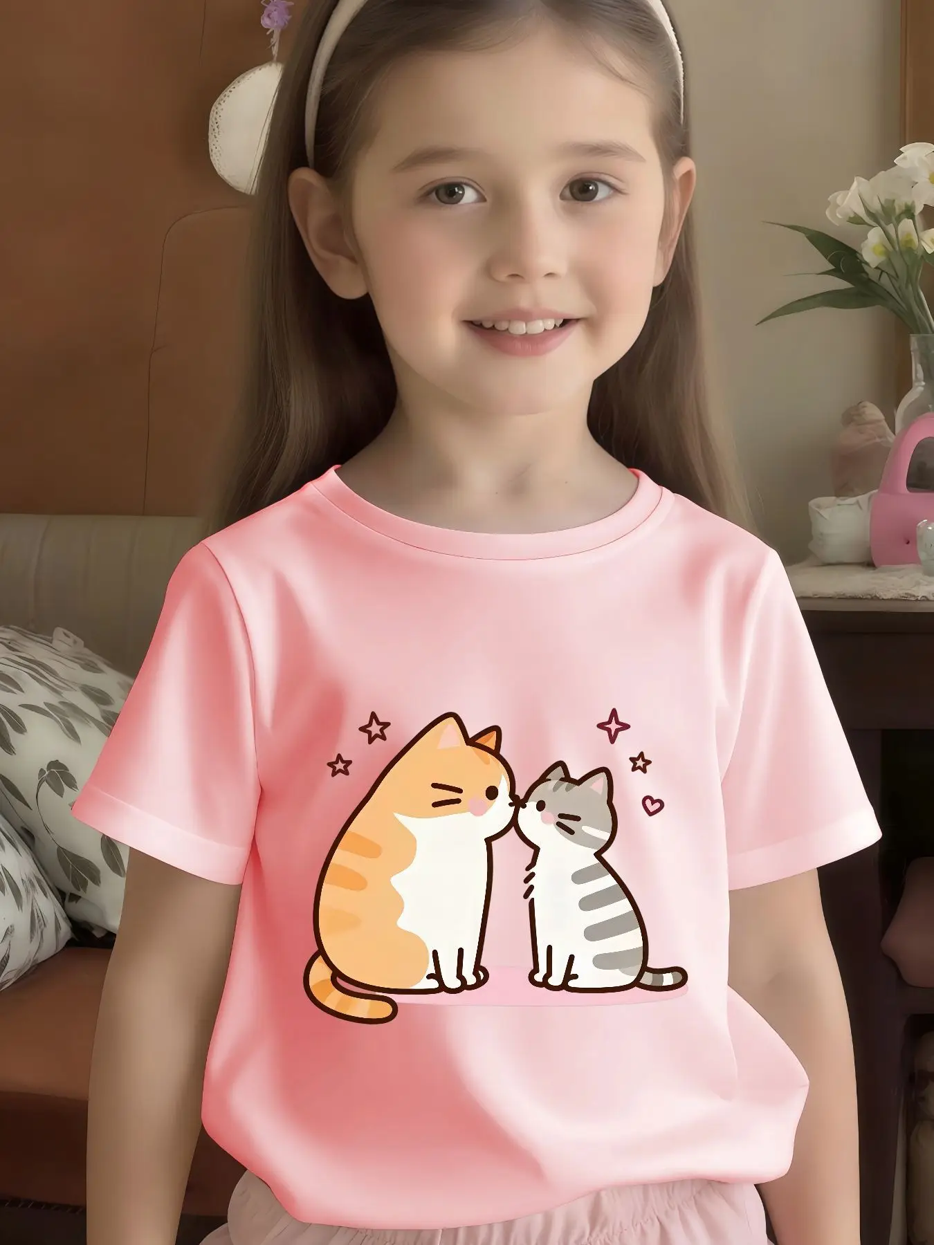 Cute Two Kissing Cats Star Heart Print Graphic Kids Tee Boys Girls Family Matching Cotton Crew Neck Short Sleeve Soft Summer Tee