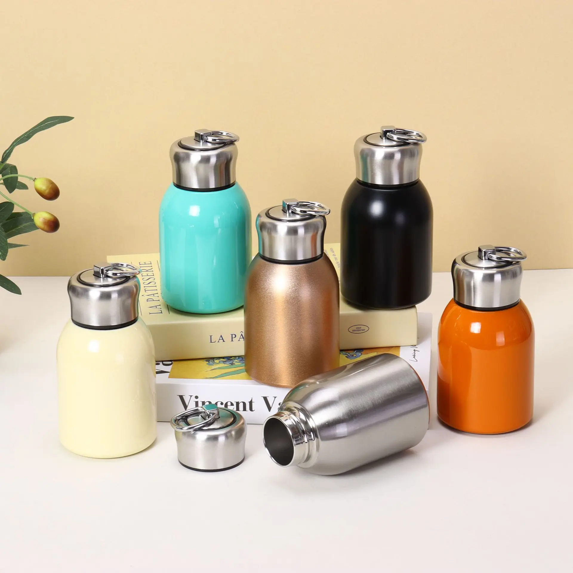 Thermos en acier inoxydable de 300 ml avec anneau de levage, bouteille d'eau de voyage, tasse à café, tasse isotherme portable pour voiture, mini thermos