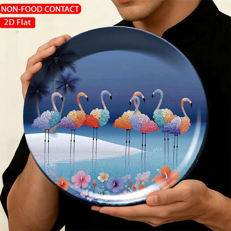 1pc Ceramic Decorative Plate, Blue Flamingo Tropical Flowers Art Decorations, Wall Home Decor- for Decorative Purposes Solely,