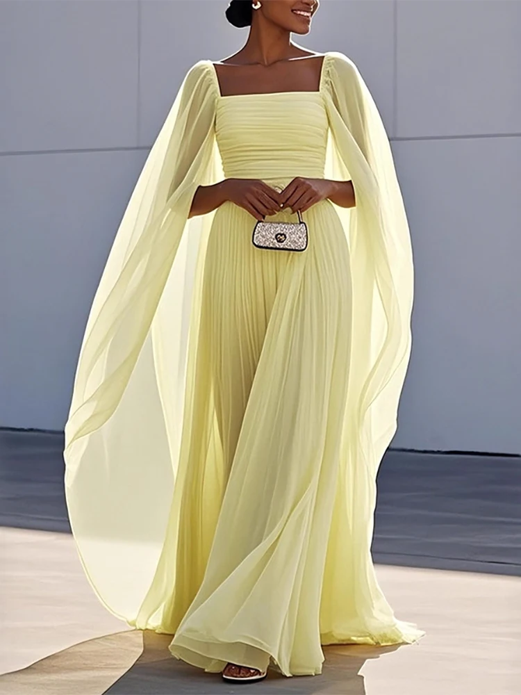 2026 Elegant Temperament Slim Banquet Dress Women Casual Pleated Solid Long Dress Fashion Square Neck Shawl Sleeve Chiffon Dress