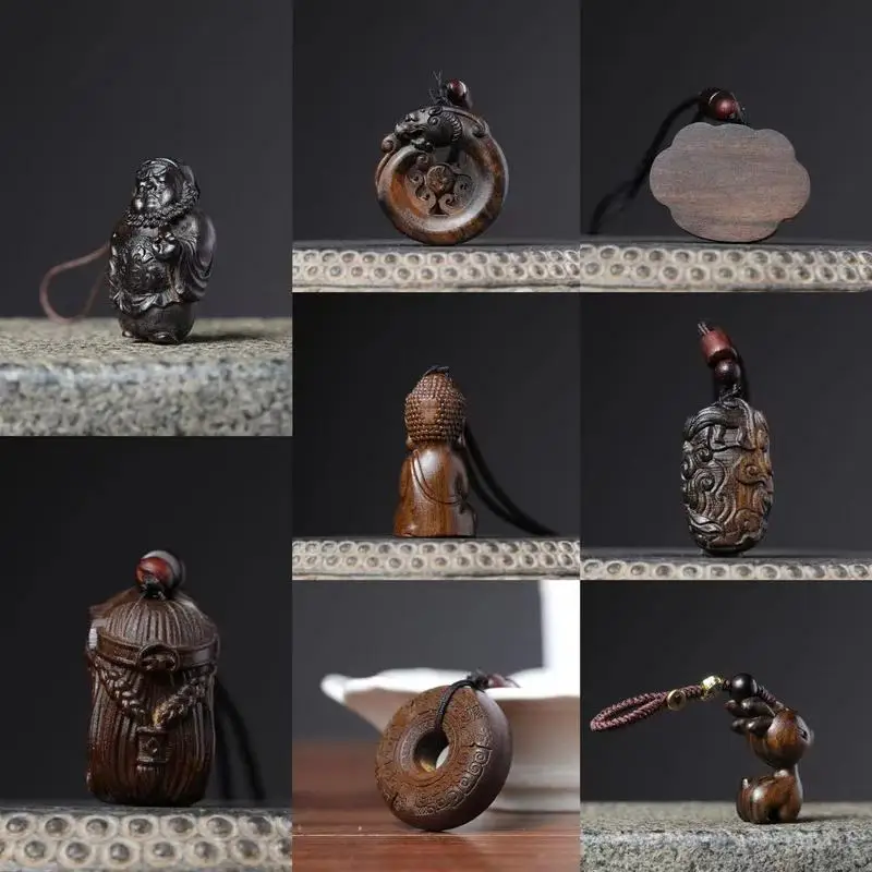 Imitation Agarwood wood carving pendant, car hanging ornament, men's small accessory, backpack charm