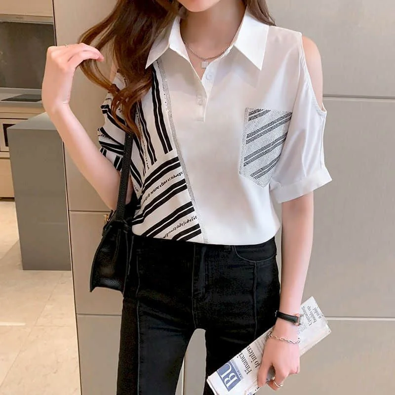 

Chiffon Shirts for Women Vintage Striped Basics Loose Short Sleeve Casual Korean Style Single Breasted Blouse Women Office Tops