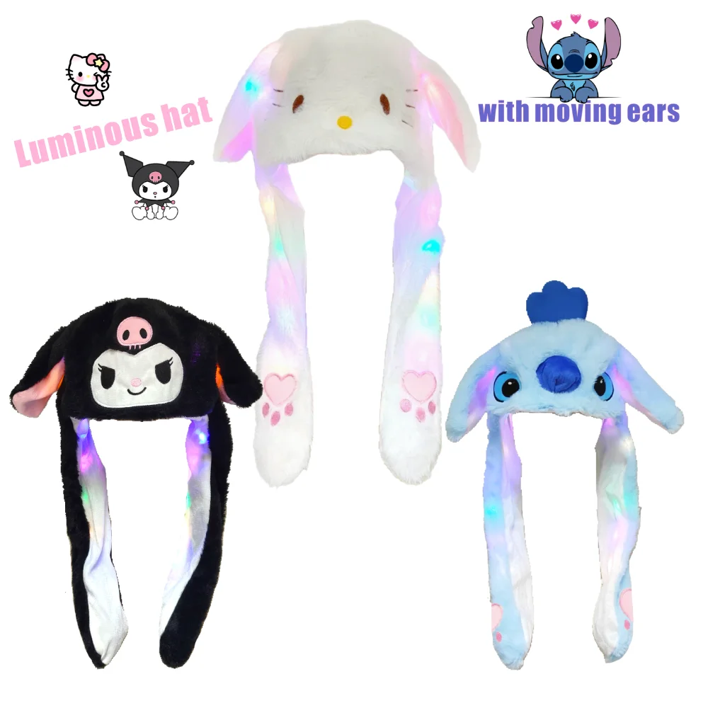 Miniso Kawaii Kuromi Hello Kitty Hareketli Kulak Aydınlık Şapka Komik Sevimli Kabartmak Dikiş LED Peluş Atlama Şapka Karikatür Cosplay Prop