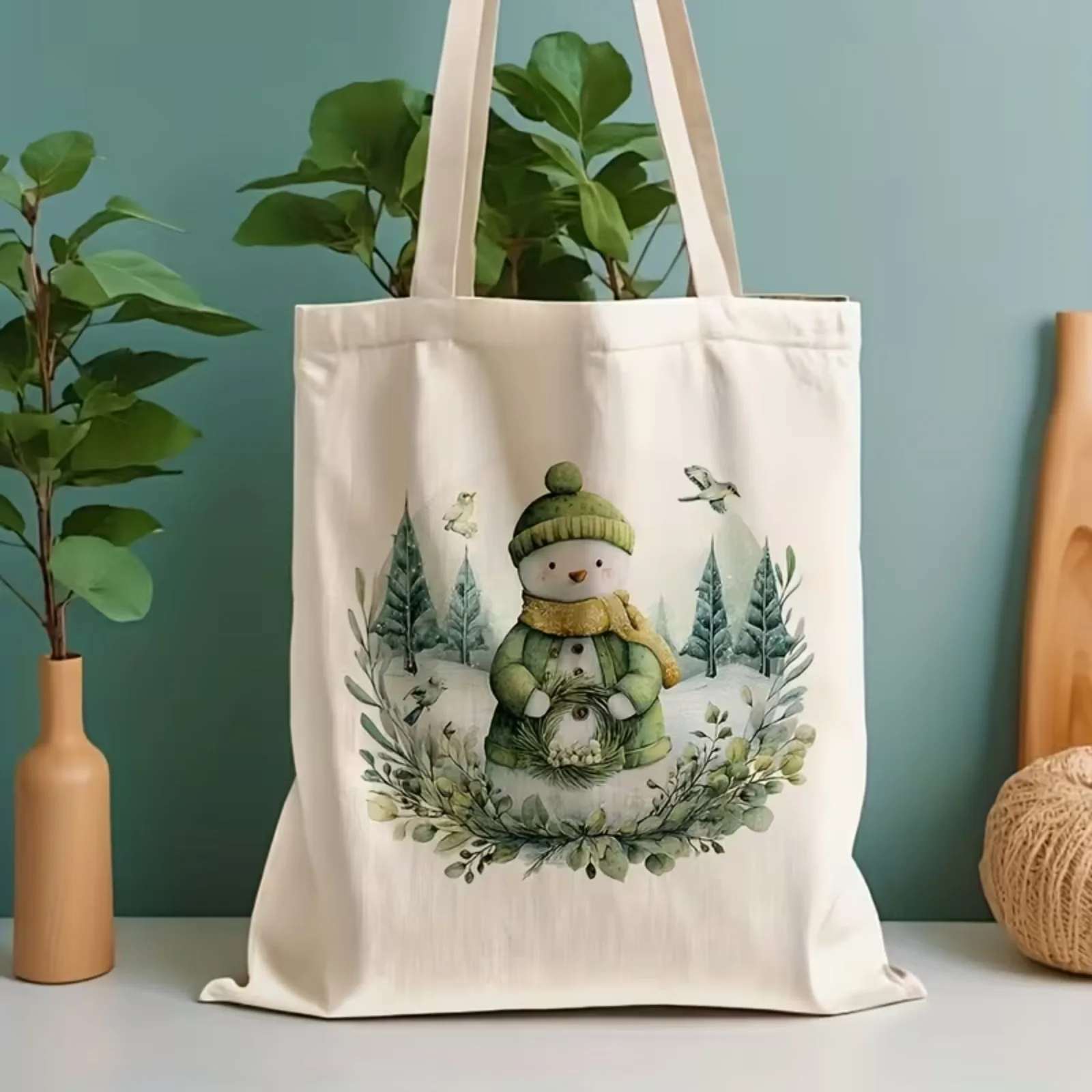 Christmas Holiday Gift Canvas Tote Bag Watercolor Green Snowman Winter Botanical Bird Print Reusable Shopping Bag for Women