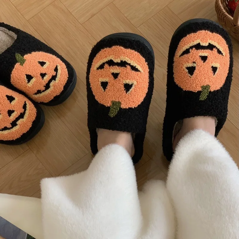 Halloween Pumpkin Cotton Slippers Warm Winter Slippers Ghost Slipper Thickened House Shoes Non Slip Soft Plush Halloween Gifts